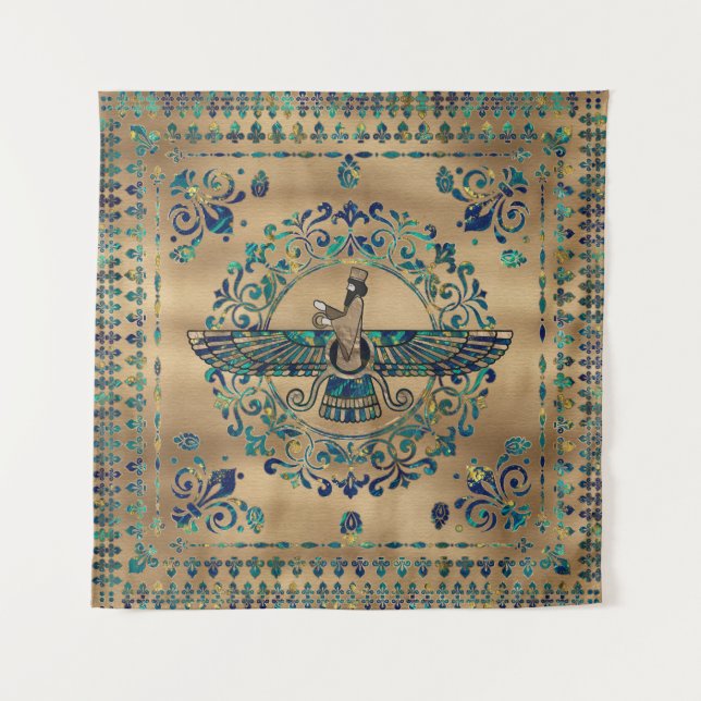 Farohar - Faravahar - Fravashi-Marmor und Gold Wandteppich (Vorderseite)