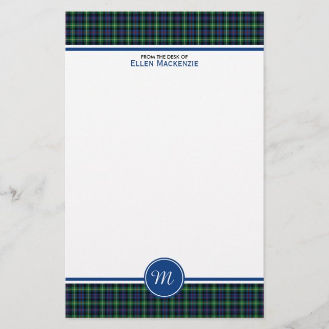 Farquharson Clan Blue und Green Tartan Monogram Briefpapier (Vorderseite)