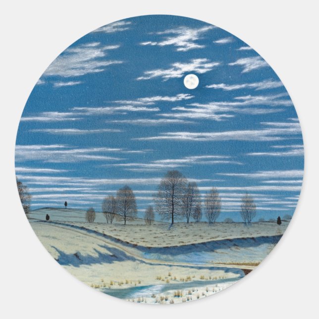 Farrer Winter Szene in Moonlight Malerei Runder Aufkleber (Vorderseite)