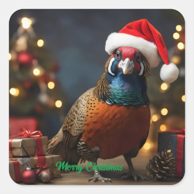 Fasan mit Weihnachtsmannmütze Quadratischer Aufkleber (Vorderseite)
