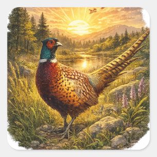 Fasan Sonnenuntergang Jagd Vogel Wildtier Geschenk Quadratischer Aufkleber