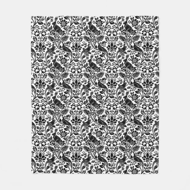 Fasan- und Hasenmuster, weiß und schwarz Fleecedecke (Vorderseite)