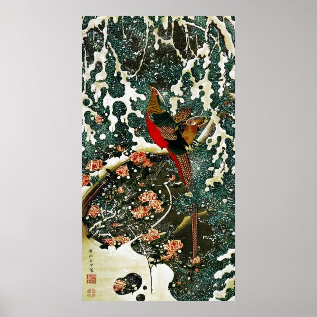 Fasane im Schnee, Pine Tree, Rose, japanisches Blu Poster (Vorne)