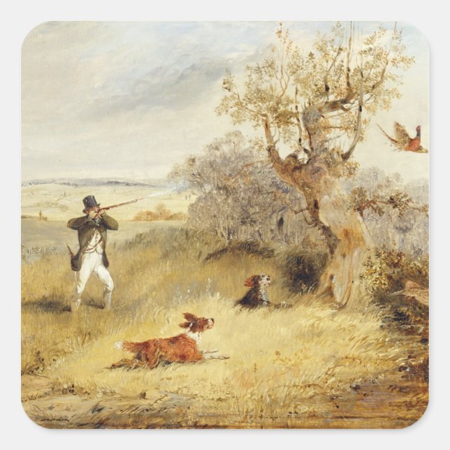 Fasane Schießerei (Öl auf Leinwand) 2 Quadratischer Aufkleber (Vorderseite)