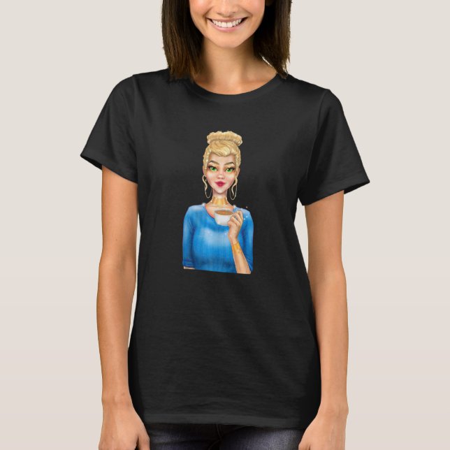 Fashion Blonde Woman Holding Cup of Coffee Hand Dr T-Shirt (Vorderseite)