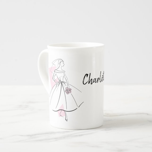 Fashion Bride Pink Name Tasse Knochen China (Vorderseite Links)