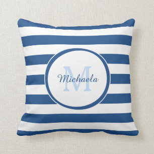 Fashion Candy Stripes Monogramm und Name in Blau Kissen
