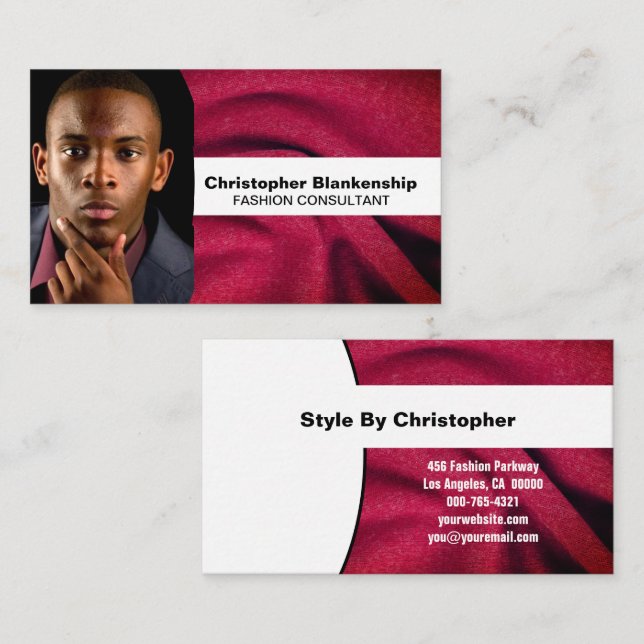 Fashion Consultant Burgundy Fabric Custom Foto Visitenkarte (Vorne/Hinten)