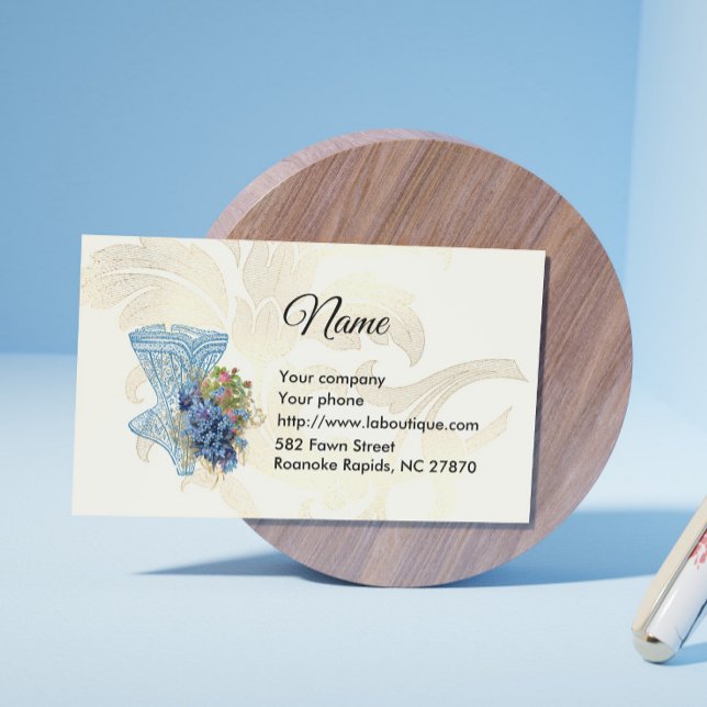 Fashion Corset & Blue Flowers Business Card Visitenkarte (Von Creator hochgeladen)