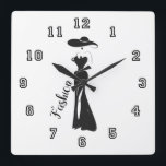 Fashion Cute Girly Vintage Art Deco Design Quadratische Wanduhr<br><div class="desc">A cute vintage style illustration in black of a stylish lady in a big hat and a long dress. This stylized image has a retro Art Deco look. The long dress is slit to mid thigh and the model also wears long gloves. The eyes cannot be seen under the wide...</div>