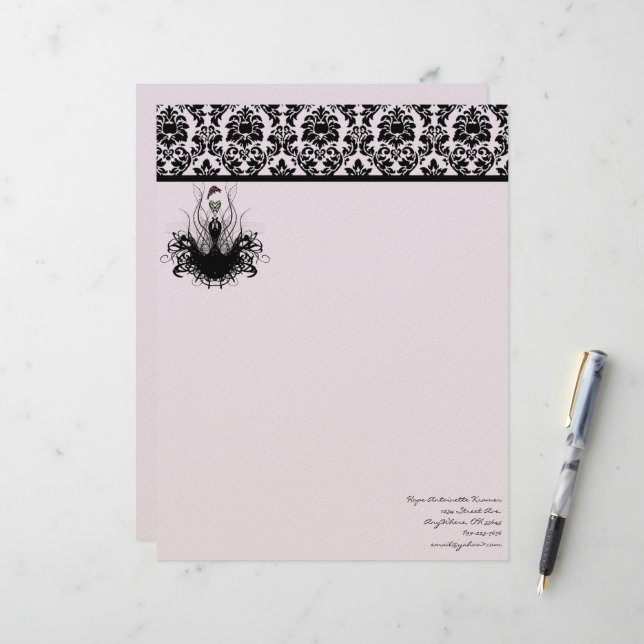 Fashion Diva 3 Rosa Himbeermonogramm Damask Briefkopf (Vorderseite/Rückseite Beispiel)