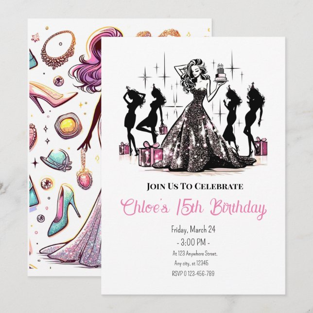 Fashion Diva Anniversaire Fête Invitation (Devant / Derrière)