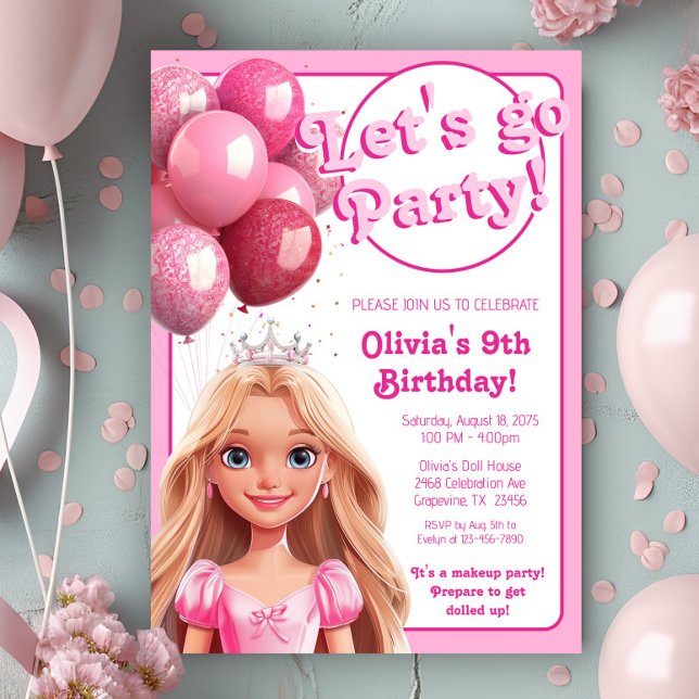 Fashion Doll Princess Birthday Party Einladung (Cute pink princess doll any number birthday party invitation. )