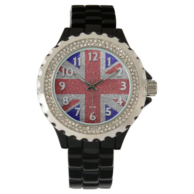 Fashion Flag Bling Glitzer Britische Flagge in Lon Armbanduhr (Vorderseite)