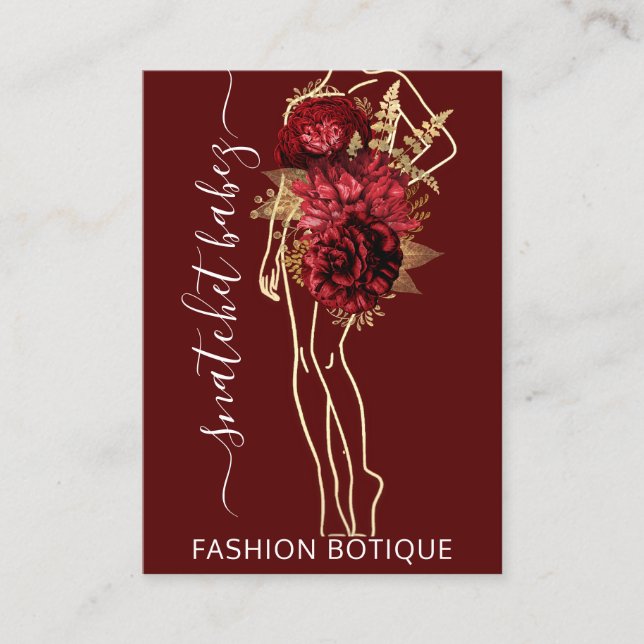 Fashion Floral Burgundy Gold Logo QR Stylist Body Visitenkarte (Vorderseite)