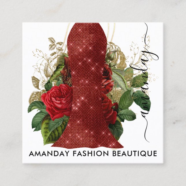 Fashion Gold Floral Dress Logo QRCode Lace Red Quadratische Visitenkarte (Vorderseite)