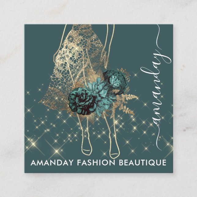 Fashion Gold Red Dress Logo QRCode Custom Green Quadratische Visitenkarte (Vorderseite)