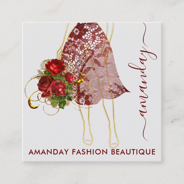 Fashion Gold Red Dress Logo QRCode Floral Quadratische Visitenkarte (Vorderseite)