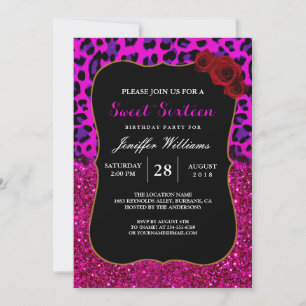 Fashion Modern Pink Purple Glitter Leopard. Einladung