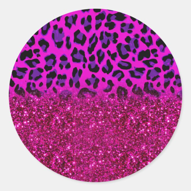 Fashion Modern Pink Purple Glitter Leopard Runder Aufkleber (Vorderseite)