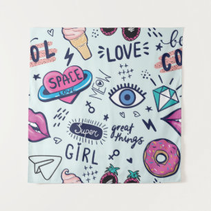 Fashion Patch Abzeichen. Nahtloses Muster mit rosa Wandteppich