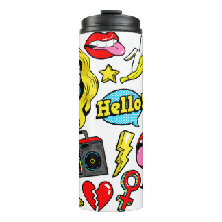 Fashion patch badges with woman, lips, tape record thermosbecher