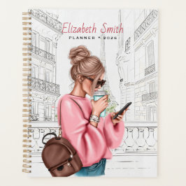 Fashion Pretty Girl with Coffee in Paris Planer