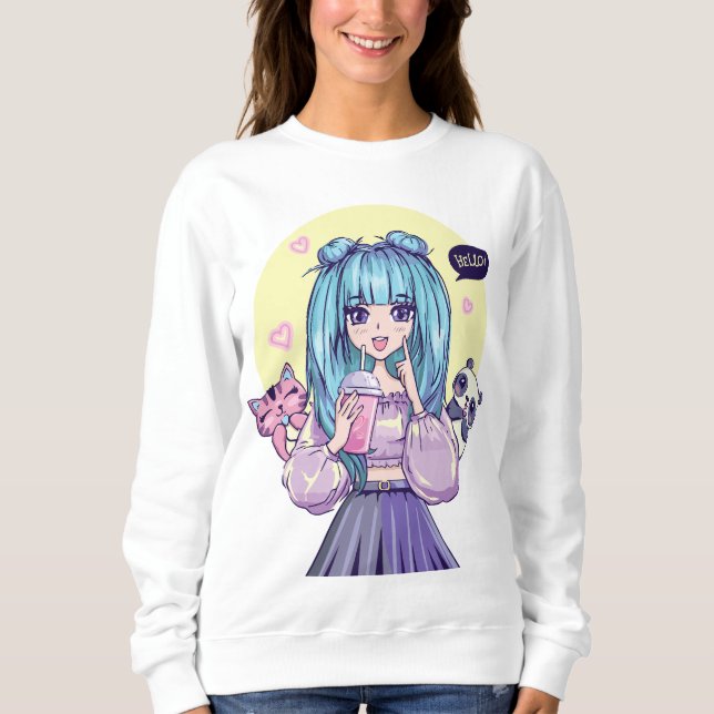 Fashionista: Blauhaarige Mädchen mit Panda und Kat Sweatshirt (Vorderseite)