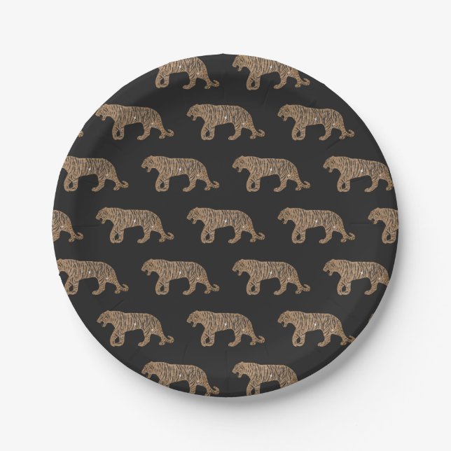 Fashionista Gold Black Glitzer Tiger Pattern Pappteller (Vorderseite)