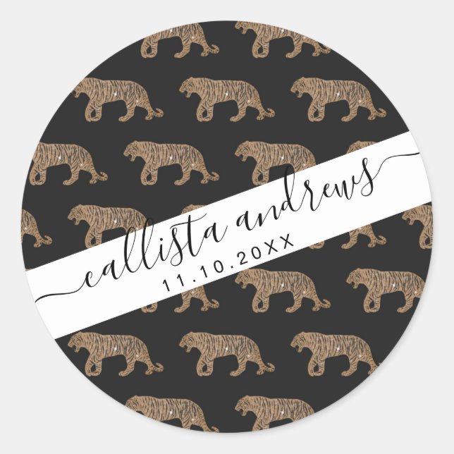 Fashionista Gold Black Glitzer Tiger Pattern Runder Aufkleber (Vorderseite)