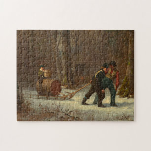 Fass-Schlitten in einem Snowy-Wald durch E.