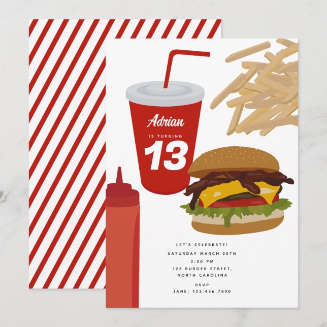 Fast Food Burger Fries GRILLEN Birthday Einladung (Vorne/Hinten)