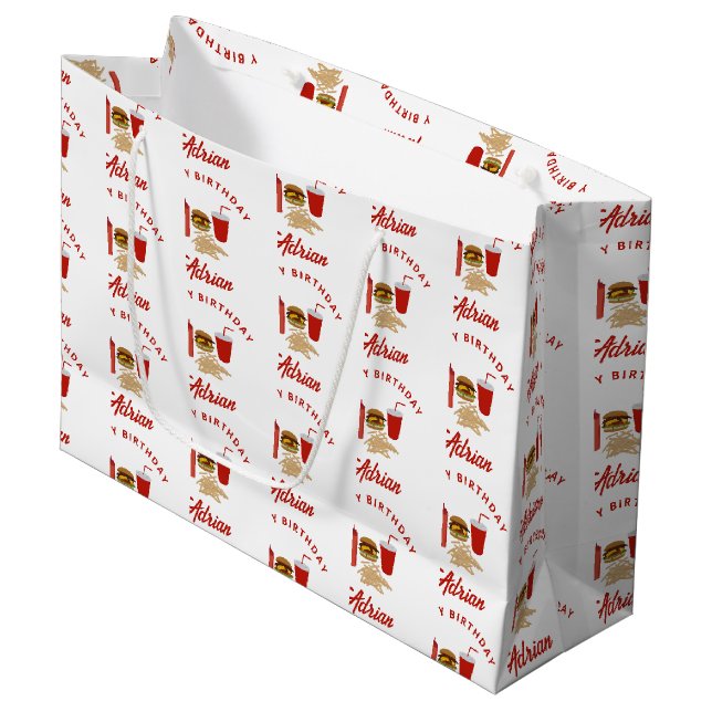 Fast Food Burger Fries Muster Geburtsname Große Geschenktüte (Vorderseite Schrägansicht)