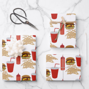 Fast Food Burger Fries Muster Geschenkpapier Set