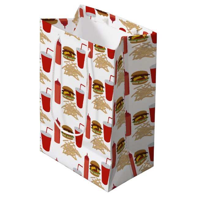 Fast Food Burger Fries Muster Mittlere Geschenktüte (Vorderseite Schrägansicht)