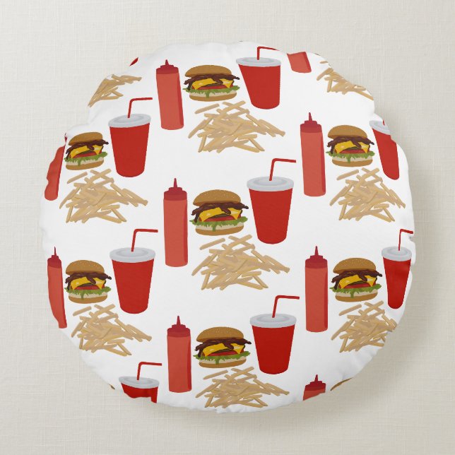 Fast Food Burger Fries Muster Rundes Kissen (Vorderseite)
