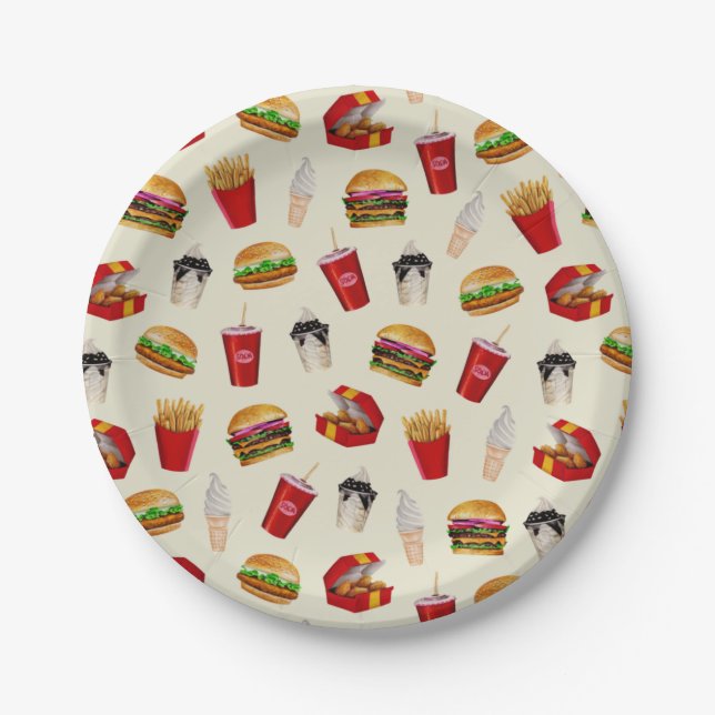 Fast Food Burgers, Fries, Sundaes Pappteller (Vorderseite)