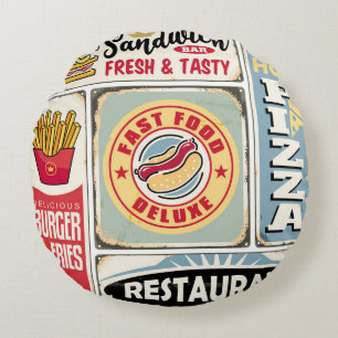 Fast Food Restaurants und Dinner Retro Schilder Co Rundes Kissen