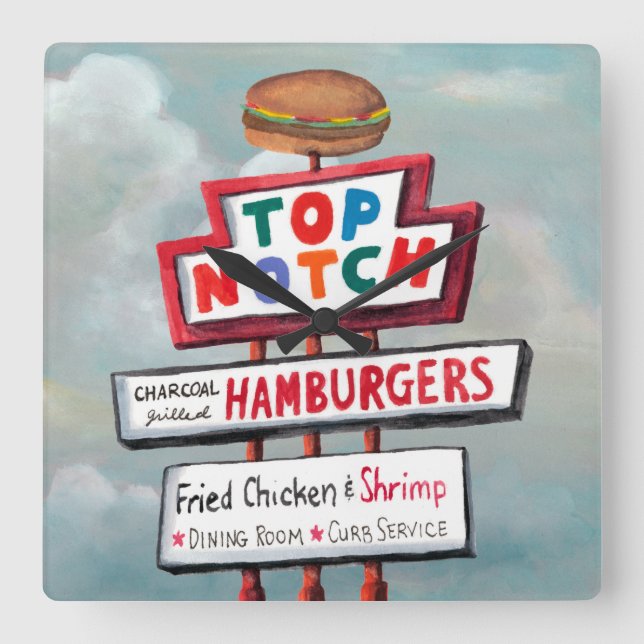 Fast Food Sign Quadratische Wanduhr (Vorderseite)