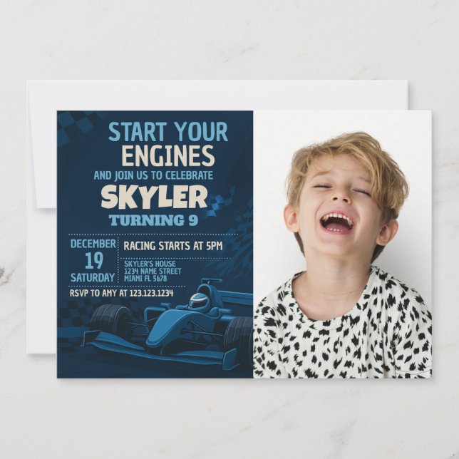 Fast Lane Race Car Geburtstag Einladung mit Foto (Vorderseite)