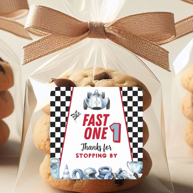 Fast One 1st birthday Boy Racing Thank You  Quadratischer Aufkleber (Von Creator hochgeladen)