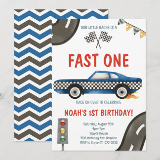 Fast One Blue Race Car 1. Geburtstag Einladung
