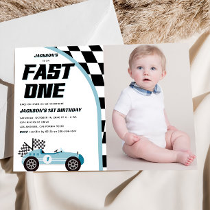Fast One Blue Race Car Geburtstagsparty Foto Einladung