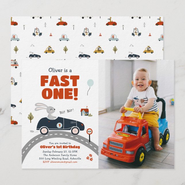Fast One Cars Einladung zum 1. Geburtstag (Vorne/Hinten)