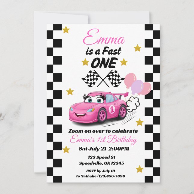 Fast One Girl's First Birthday Invitation Race Car (Devant)