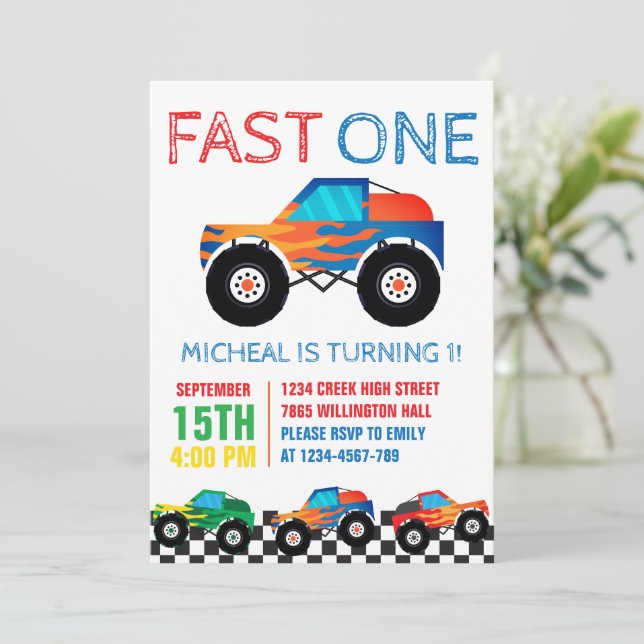 Fast One Monster Truck Erster Geburtstag Einladung (Stehend Vorderseite)