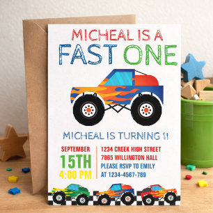 Fast One Monster Truck Erster Geburtstag  Einladung