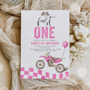 Fast One Pink Dirt Bike Girl 1. Geburtstag Party Einladung