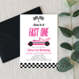 Fast One Pink Flame Race Car 1. Geburtstag Party Einladung