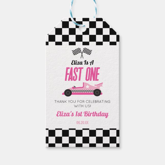 Fast One Pink Race Car First 1st Birthday Party Geschenkanhänger (Vorderseite)